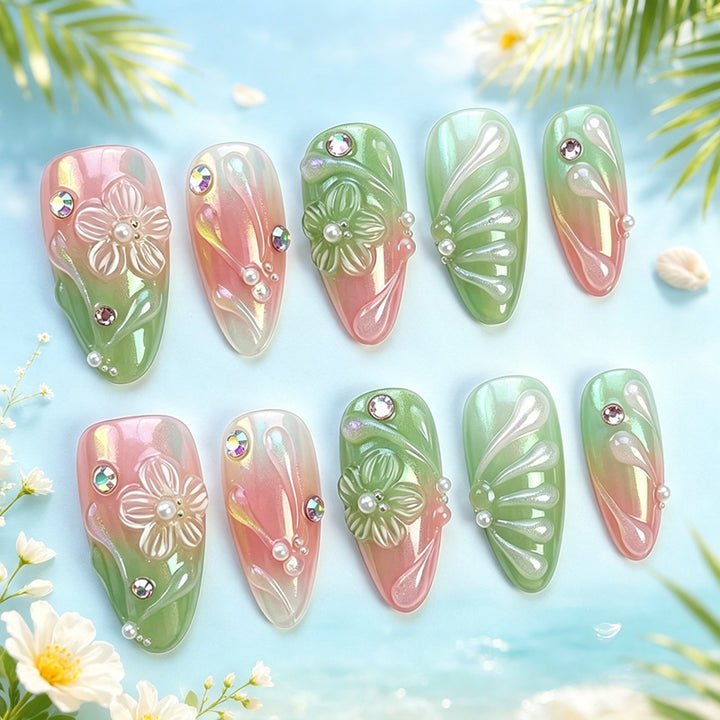 Acrylic Nail Set with Spring Design and Glitter Accents Stornfield
