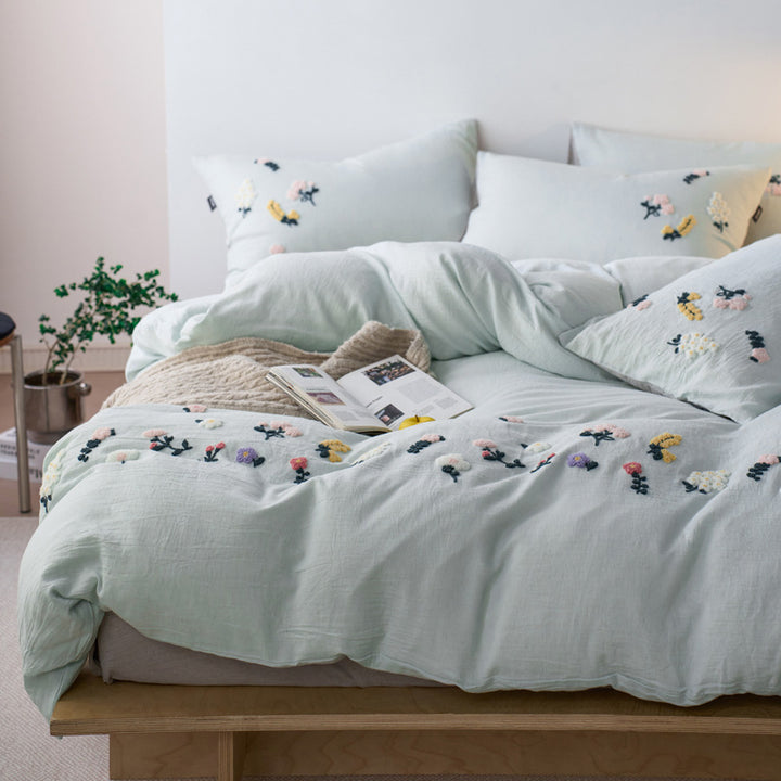 Hand-Tufted Floral Appliqué Linen Duvet Cover and Pillow Sham Set
