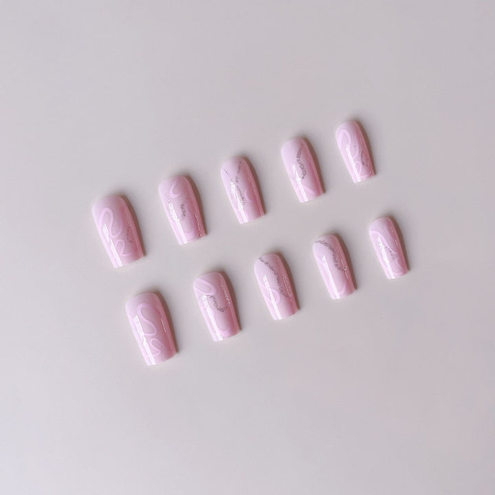 Artificial nail set with elegant 3D decorative lines and glitter accents Stornfield