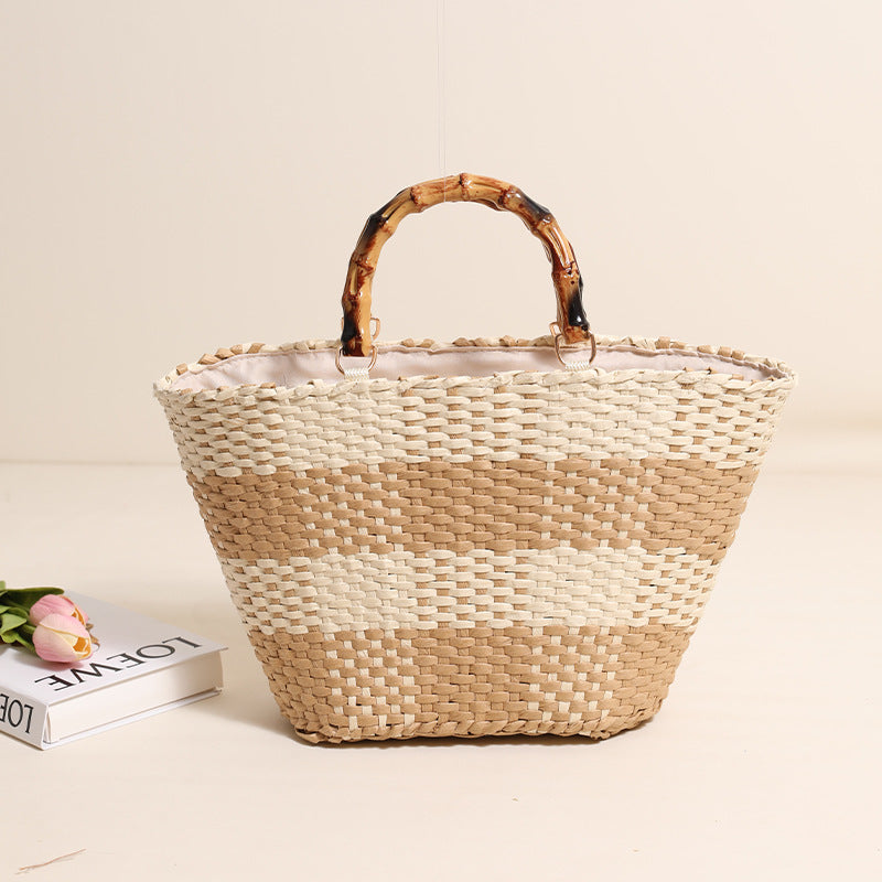 Braided bast bag with bamboo handle and decorative lining Stornfield