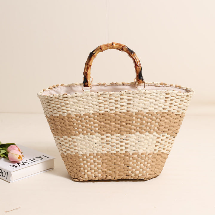Braided bast bag with bamboo handle and decorative lining Stornfield