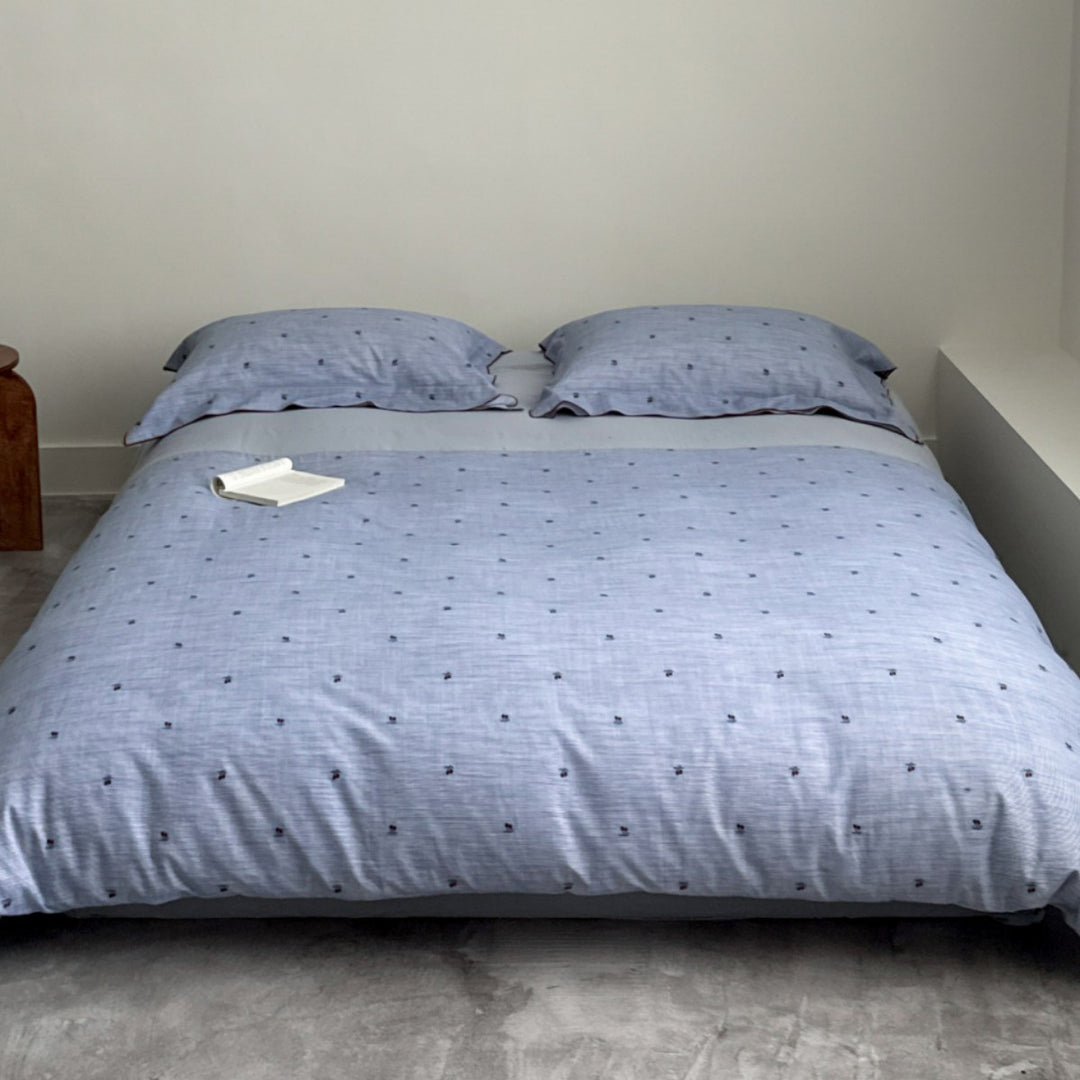 Embroidered Linen-Feel Reversible Duvet Cover Set with Mini Dot Stitching