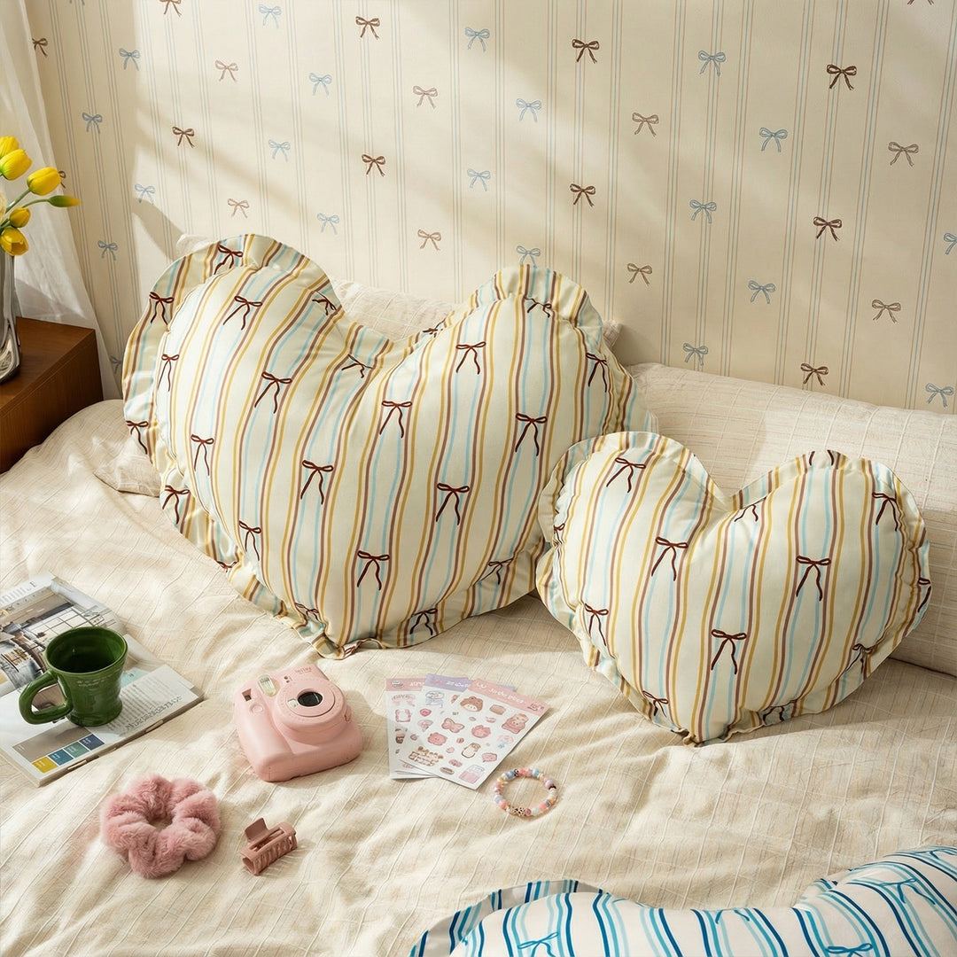 Heart-shaped cotton decorative cushion with gathered edge and heart stripe motif Stornfield