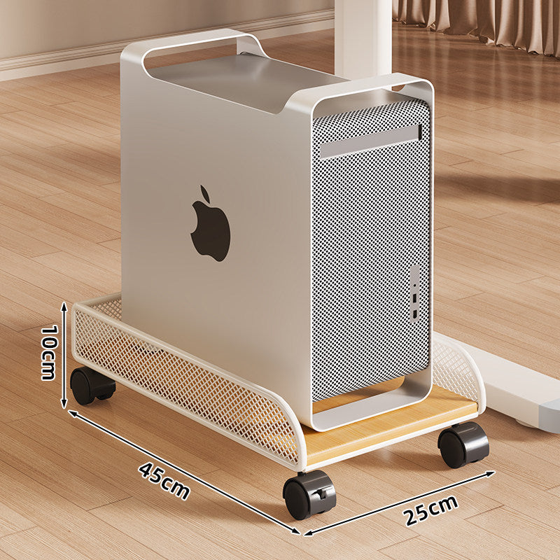 Mobile Desktop CPU Tower Stand with Mesh Side Guards Wooden Base and Locking Casters