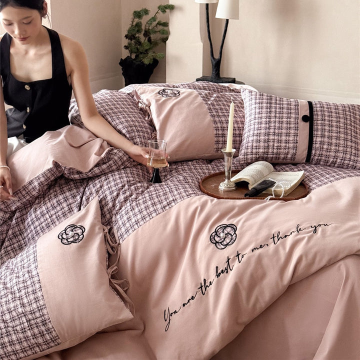 Reversible Plaid Cotton Sateen Duvet Cover Set with Embroidered Floral Appliqué & Tie Closures