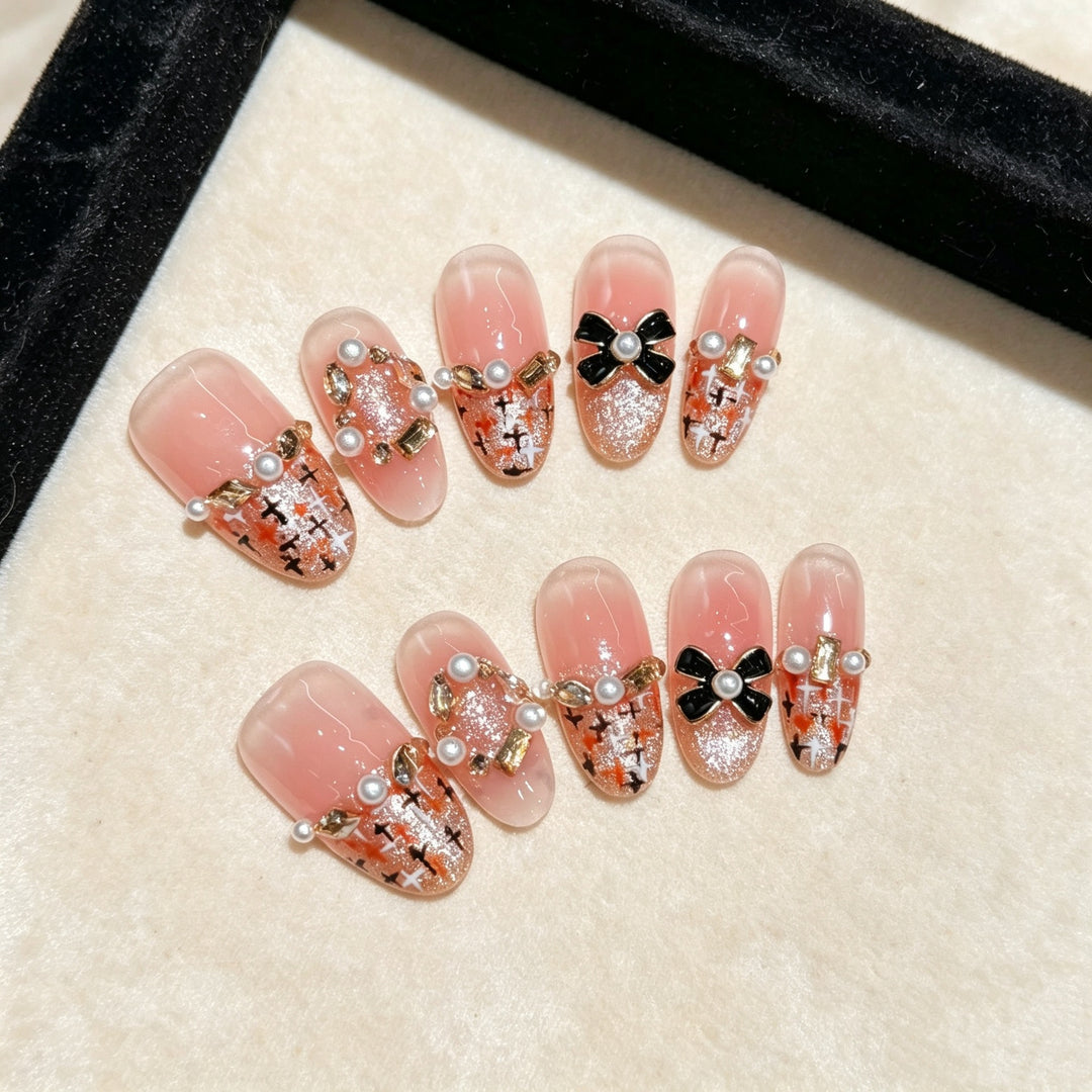 Decorative Press-On Nail Art Set with Pearl and Bow Accents