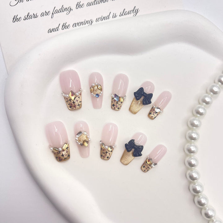 Decorative Press-On Nail Art Set with Gem Accents