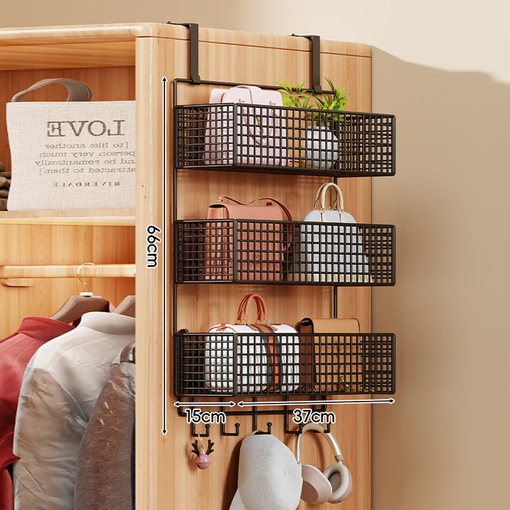 Over-Door Four-Tier Metal Mesh Hanging Storage Organizer with Integrated Hooks