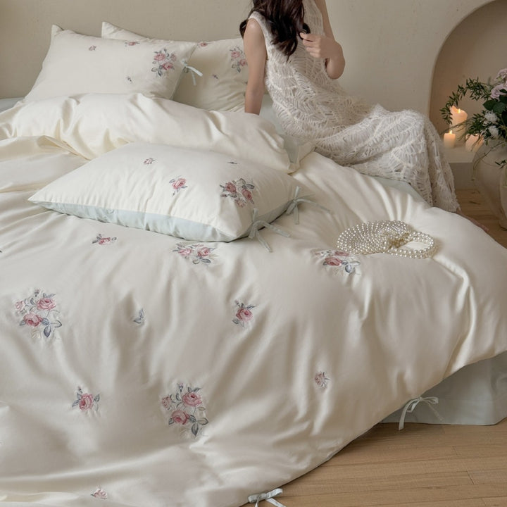 Embroidered Cotton Sateen Reversible Duvet Cover Set with Interior Ties & Matching Pillowcases