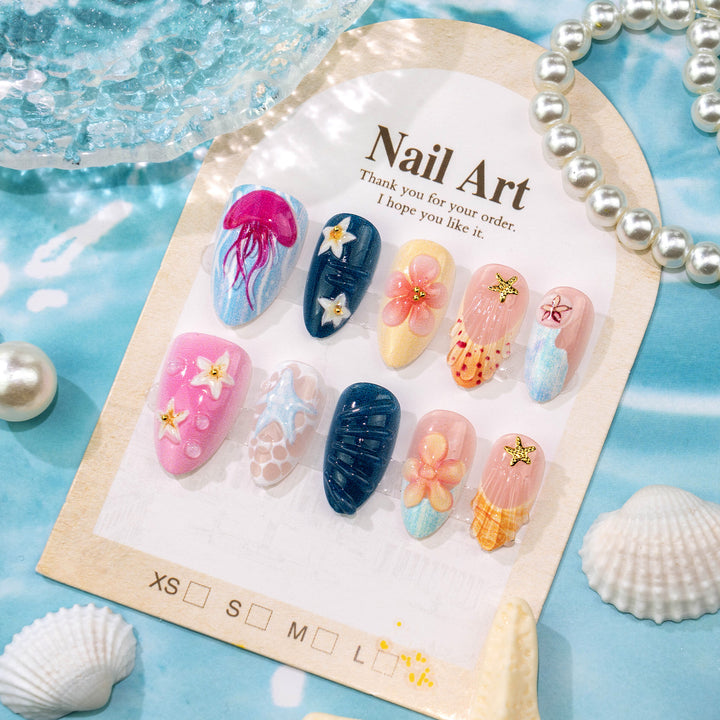 Floral Ocean-Inspired Press-On Nail Art Set