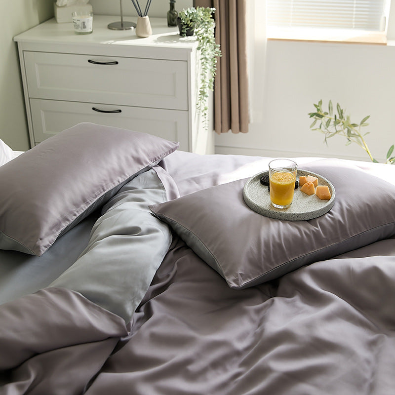 Fine-structured satin bedding set with temperature-regulating fiber and concealed zipper
