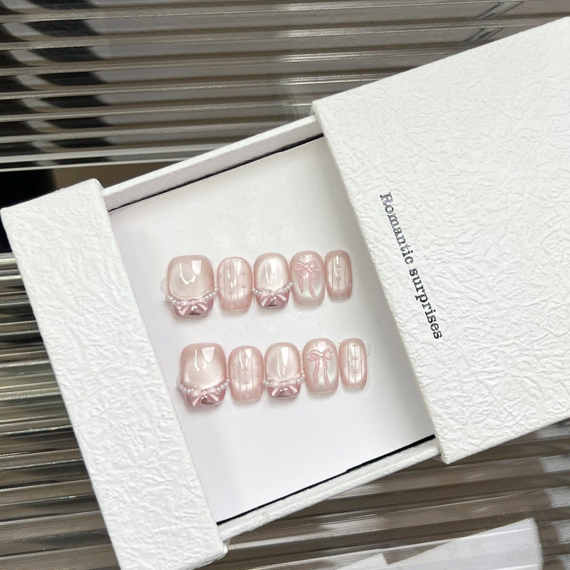 Romantic Bow-Embellished Press-On Nail Design