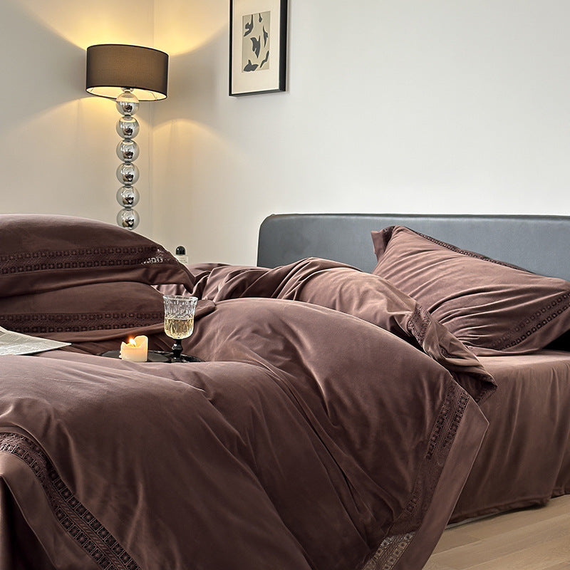 Luxury Brushed Velvet Duvet Cover Set with Lace-Inset Border