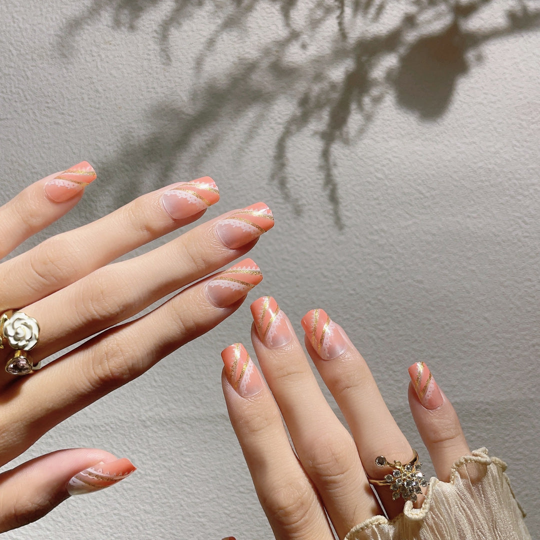 Decorative Press-On Nail Art Set with Gold Accents