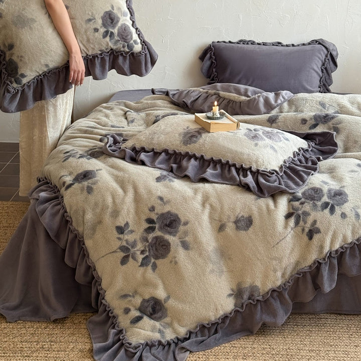 Plush Floral Ruffled Duvet Cover & Pillow Sham Set