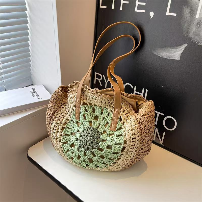 Macrame Beach Bag with Brown Leather Handles Stornfield