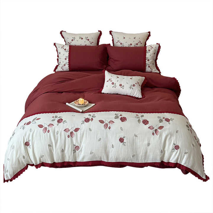Embroidered Floral Reversible Duvet Cover Set with Ruffled Edge