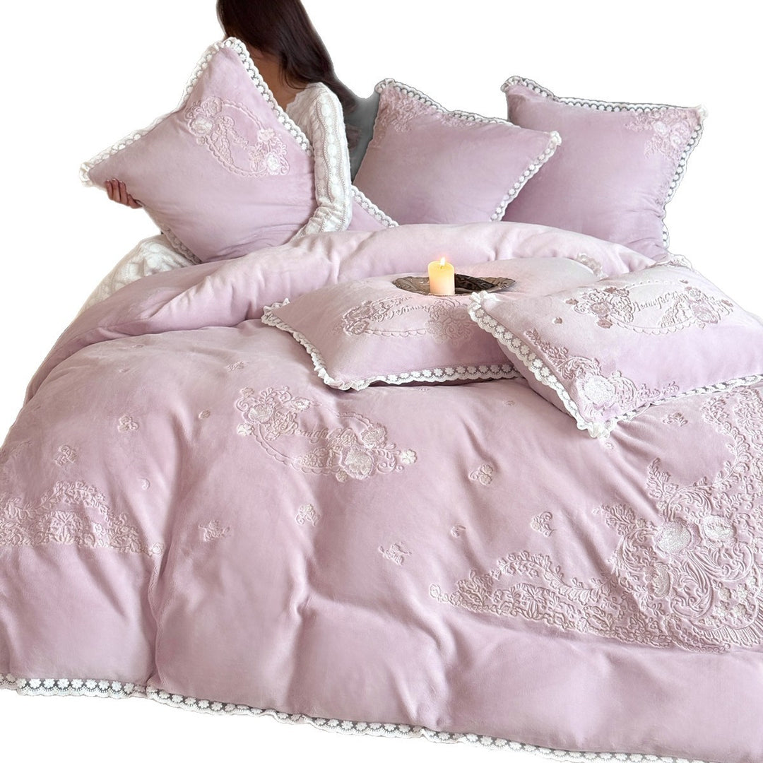 Plush Velvet-Texture Embroidered Duvet Cover & Sham Set