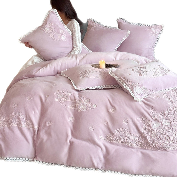 Plush Velvet-Texture Embroidered Duvet Cover & Sham Set
