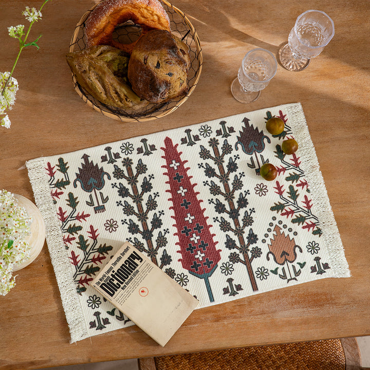 Woven decorative runner with damask jacquard and hand-fringed edge Stornfield