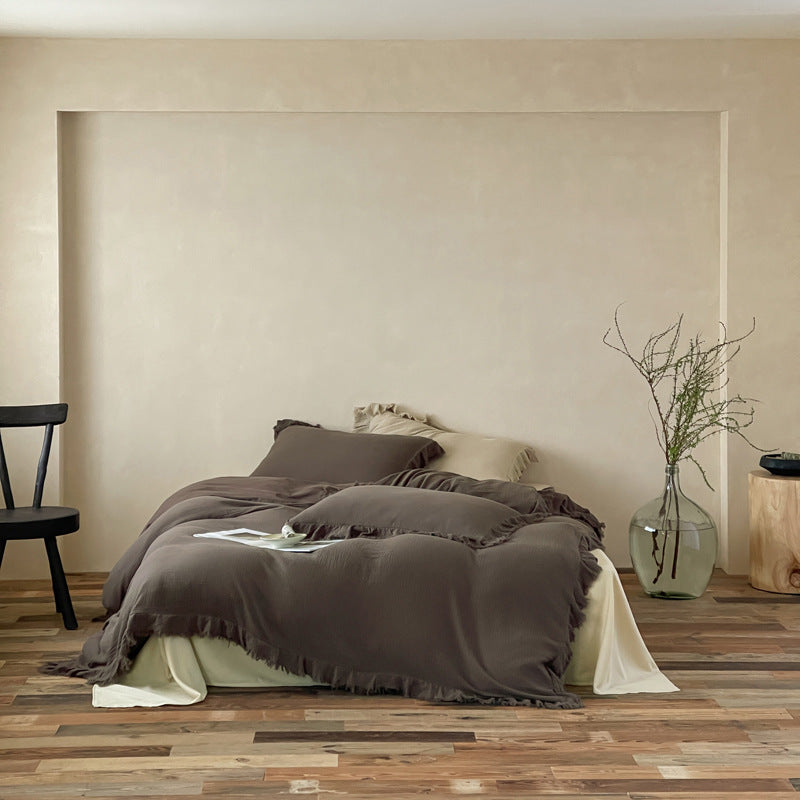 Washed Cotton Gauze Fringed Duvet Cover Set with Skirted Base & Textured Pillow Shams