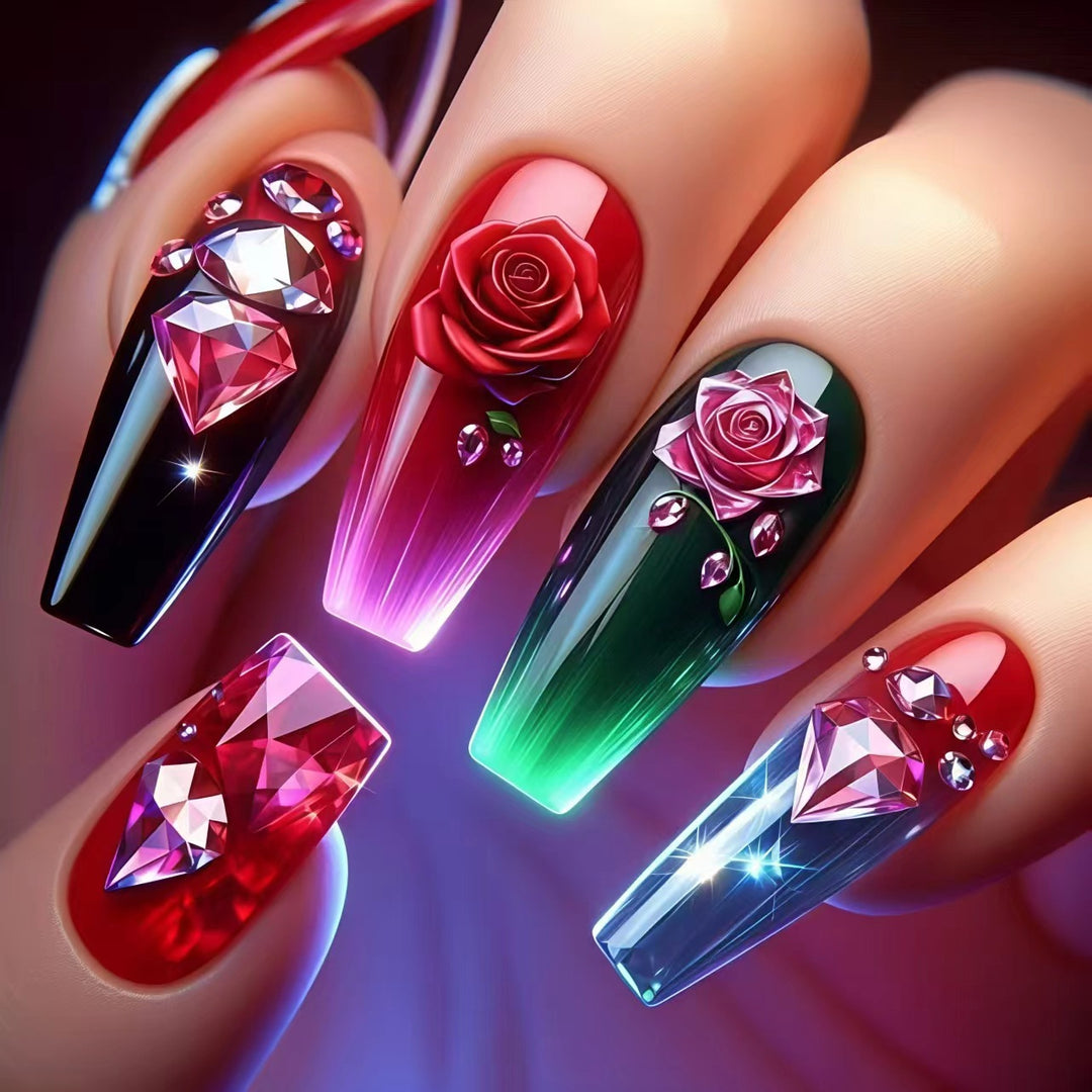 Artificial nails with floral and glittering accents Stornfield