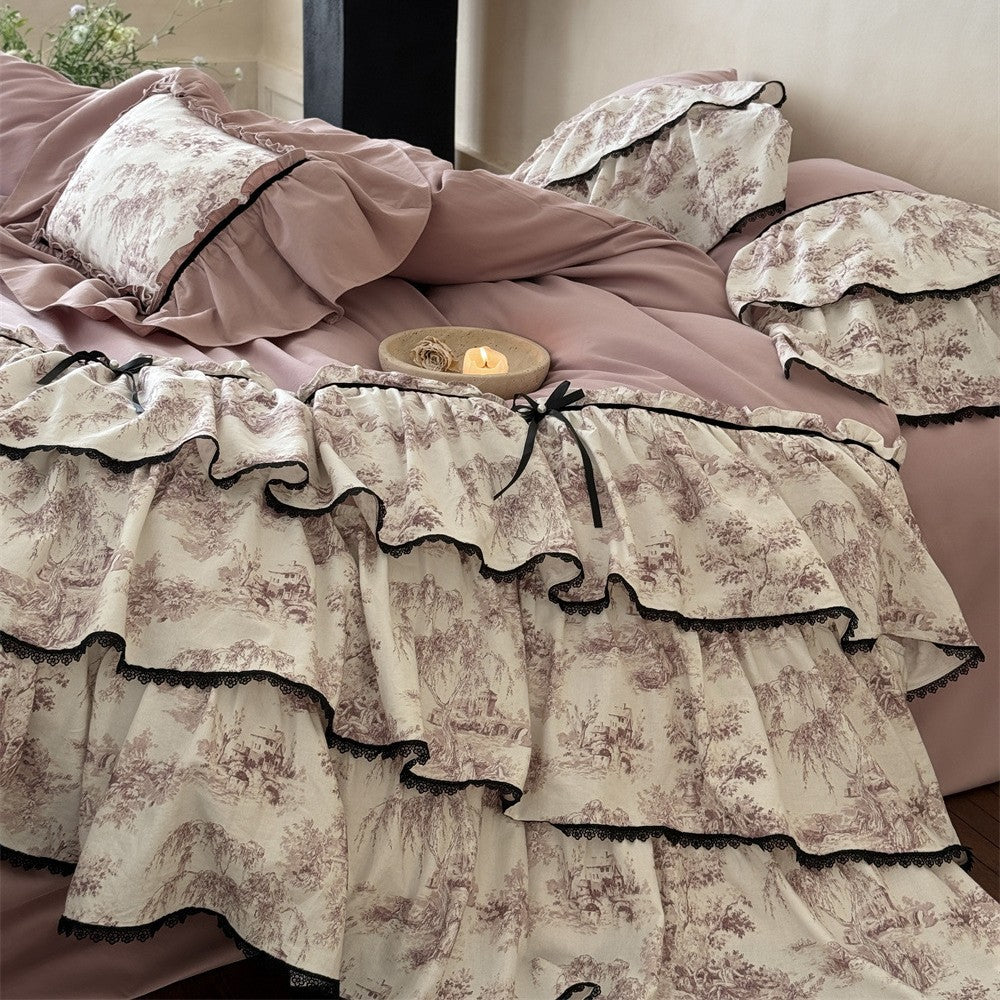 Ruffled Toile Floral Duvet Cover Set with Layered Ruffle Bed Skirt & Decorative Shams