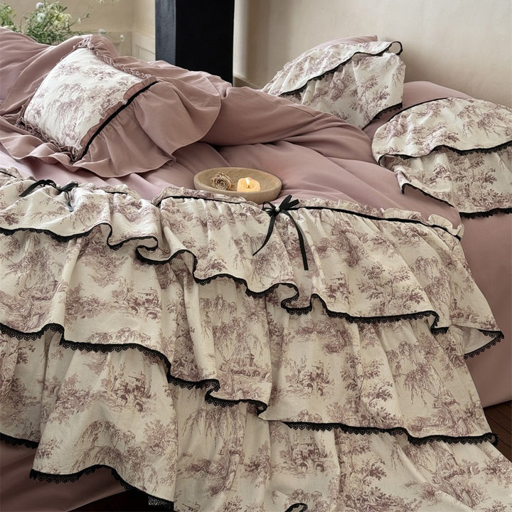 Ruffled Toile Floral Duvet Cover Set with Layered Ruffle Bed Skirt & Decorative Shams