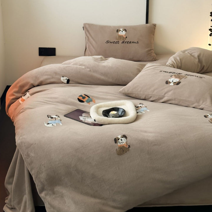 Cotton Percale Embroidered Puppy Duvet Cover and Pillowcase Set