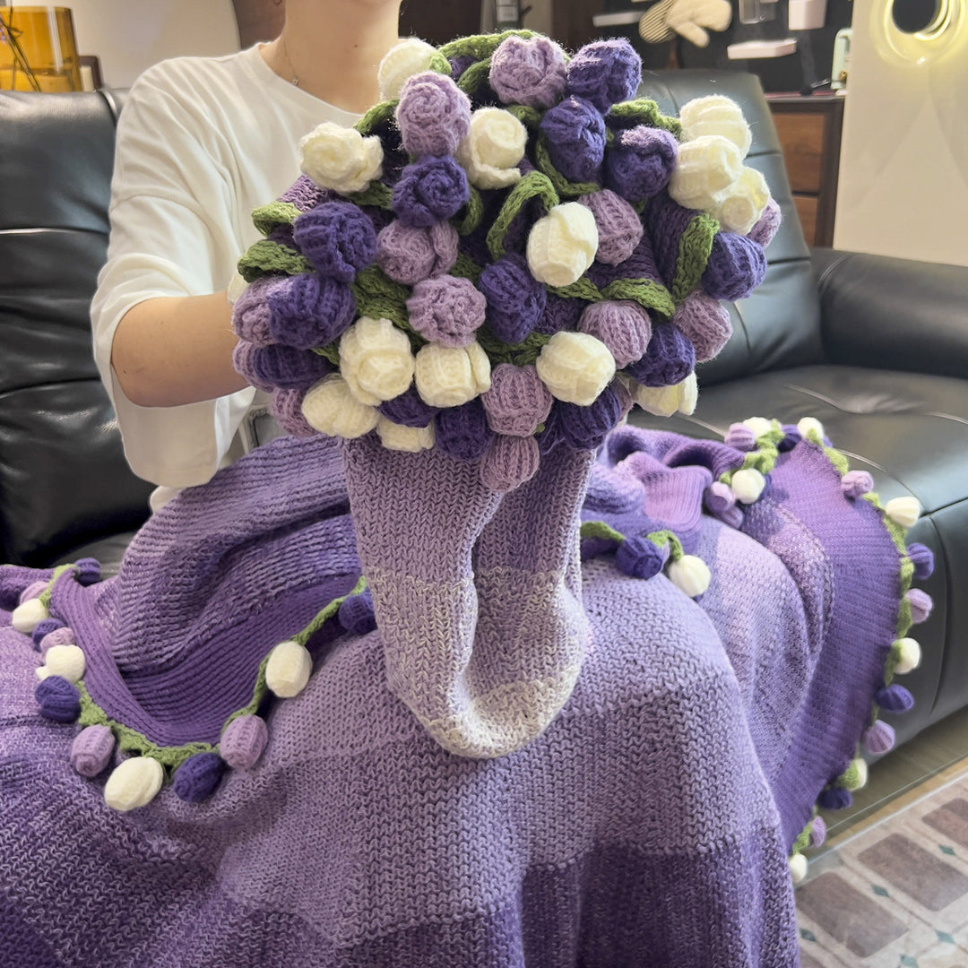 Hand-Knitted Floral Pom‑Pom Throw Blanket and Cozy Slipper Sock Set