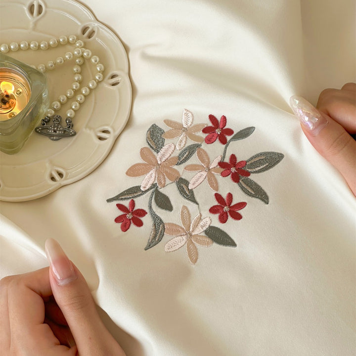 Embroidered Floral Cotton Sateen Duvet Cover Set with Scalloped Wave Stitching and Pillow Shams