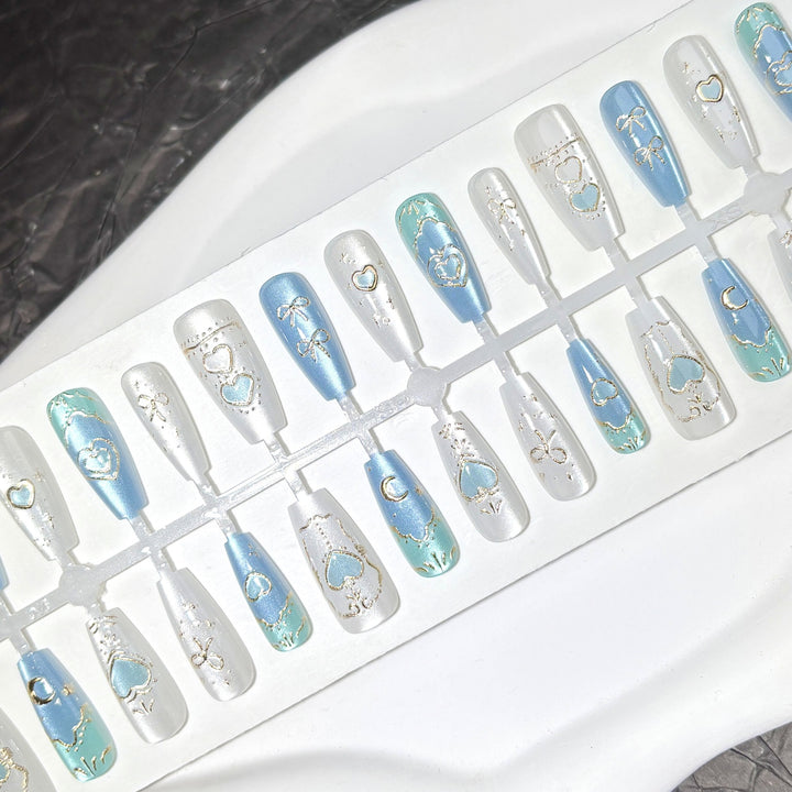 Decorative Press-On Nail Art Set with Elegant Heart and Bow Designs