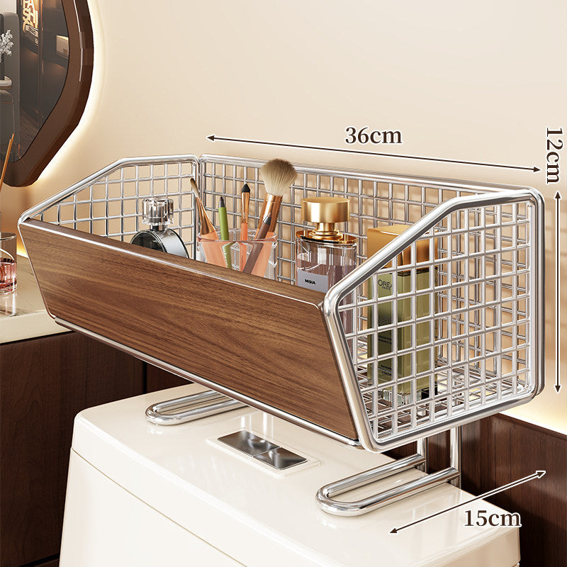 Over-Toilet Storage Basket with Wood-Front Grid and Raised Tank Stand