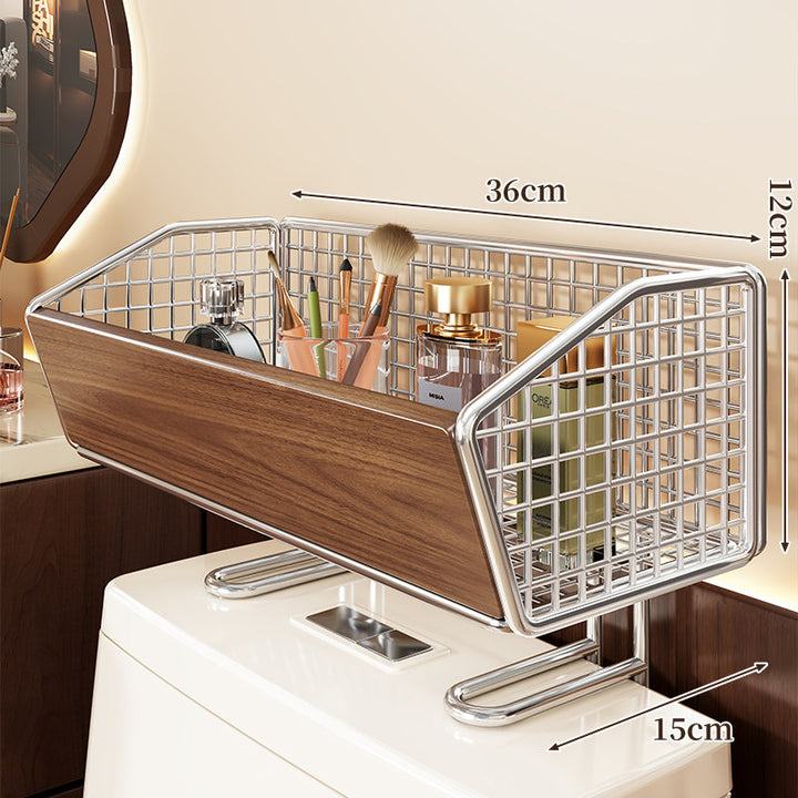 Over-Toilet Storage Basket with Wood-Front Grid and Raised Tank Stand