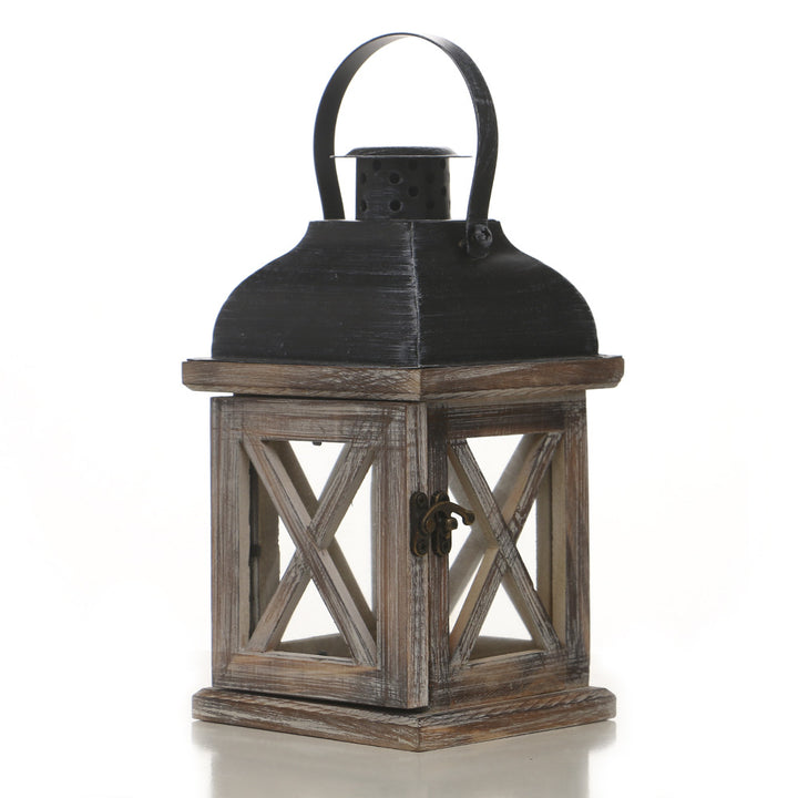 Antique-Style Glass Pane Window Lantern with Distressed Wood Frame and Vented Metal Roof Stornfield