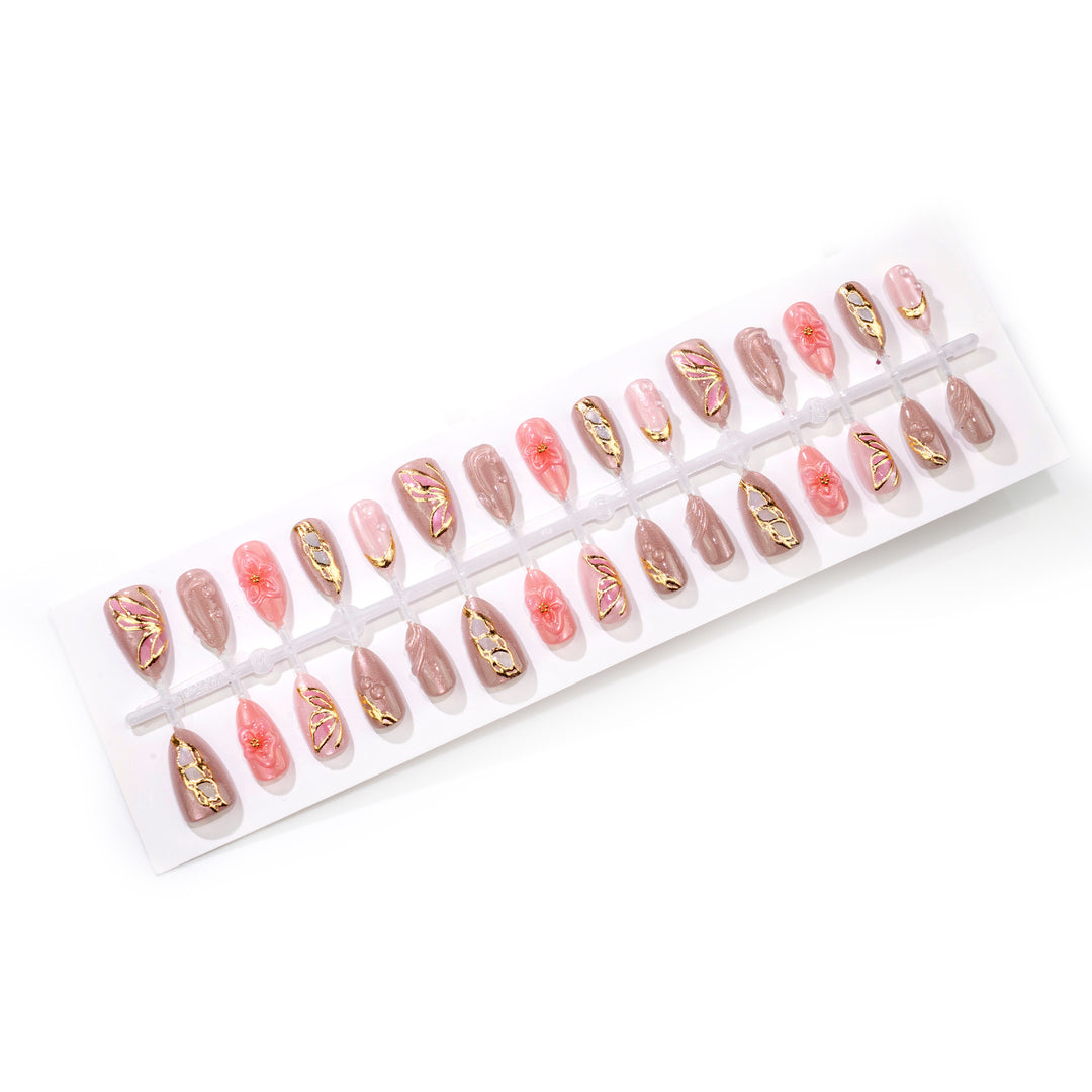 Artistic Floral Press-On Nail Art Set with Elegant Gem Accents Stornfield