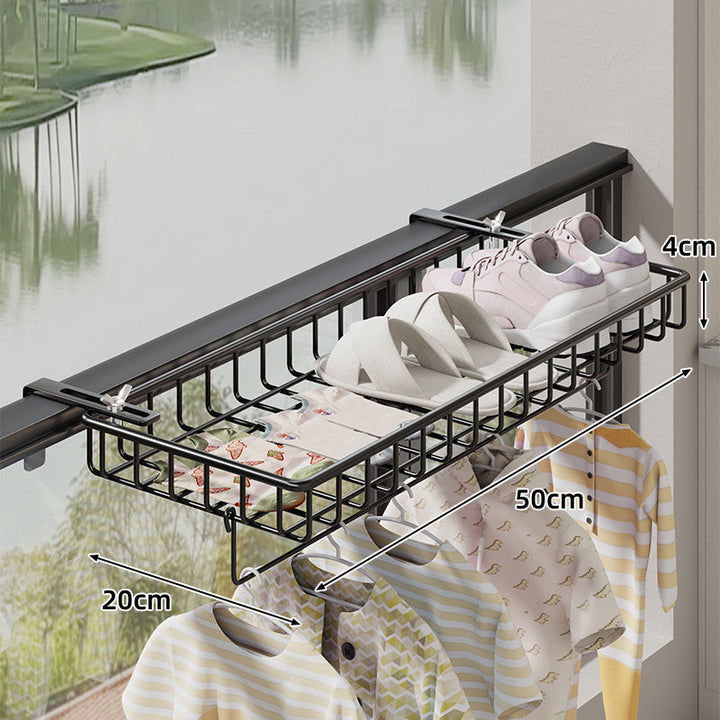 Balcony Railing Hanging Shoe and Drying Rack with Wire Basket and Adjustable Clamp