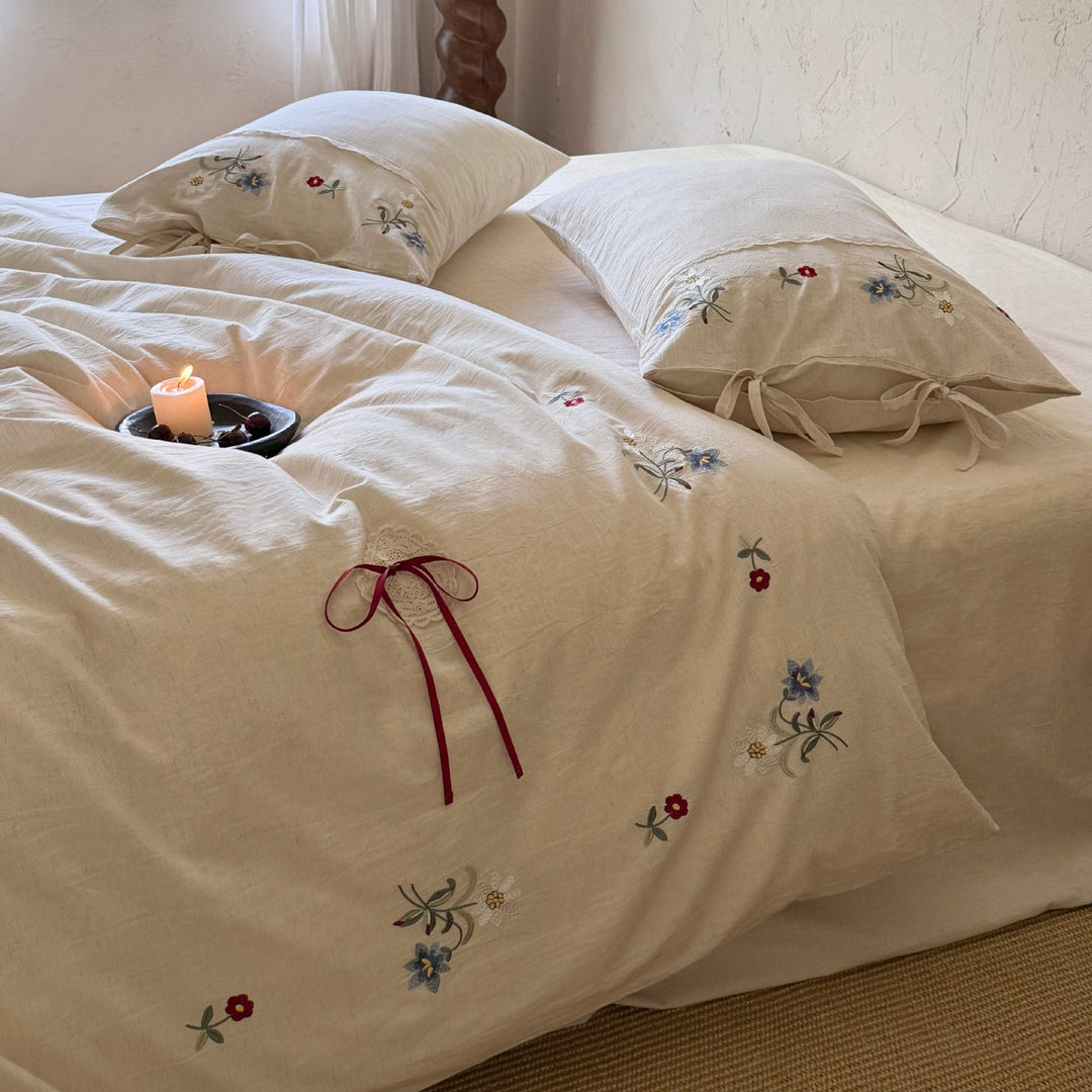 Embroidered Washed-Linen Duvet Cover Set with Lace-Edge and Ribbon-Tie Pillow Shams