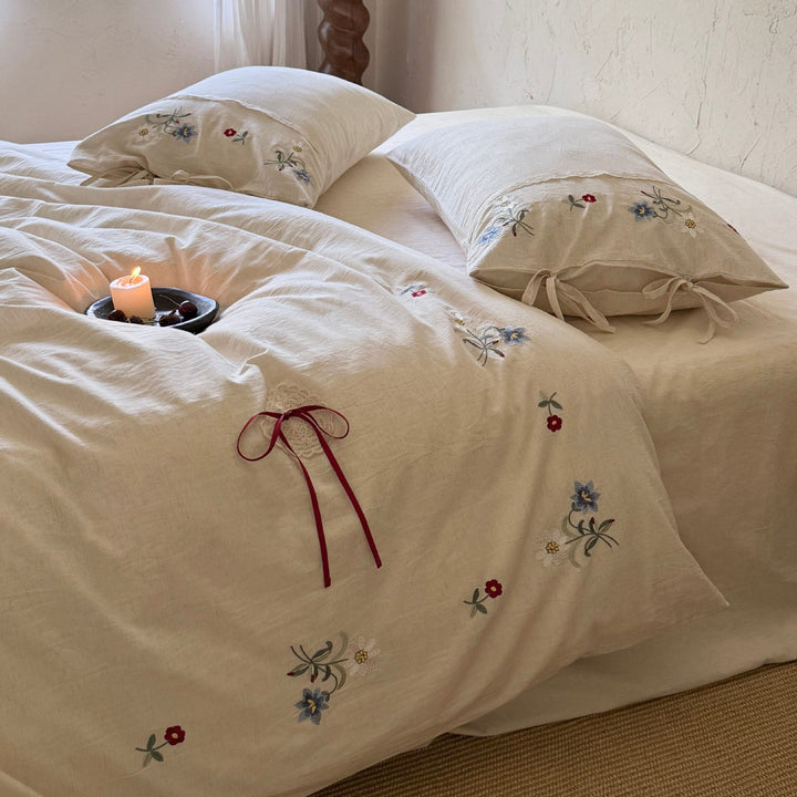 Embroidered Washed-Linen Duvet Cover Set with Lace-Edge and Ribbon-Tie Pillow Shams