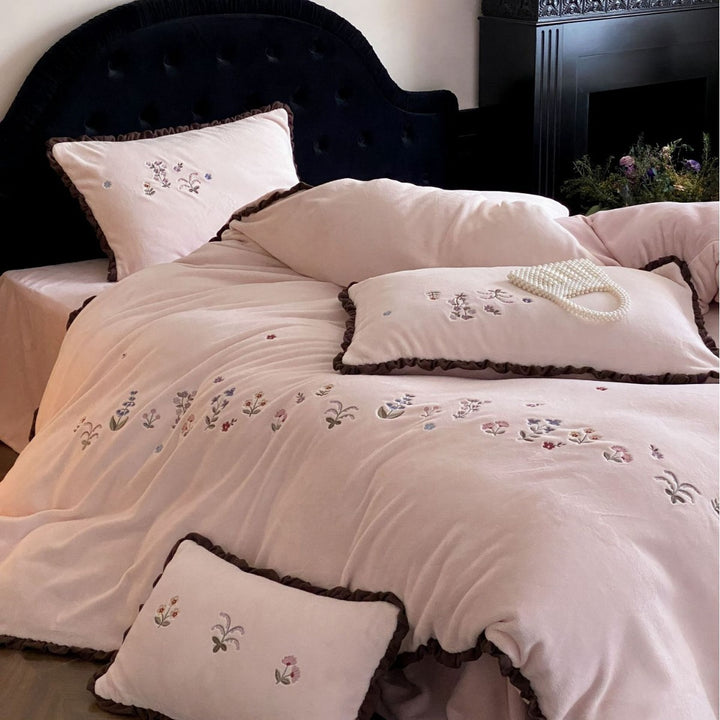 Embroidered Floral Velvet Duvet Cover Set with Ruffled Edge