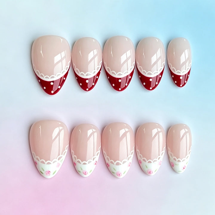 Artistic Press-On Nail Set with Vintage Floral and Polka Dot Design Stornfield