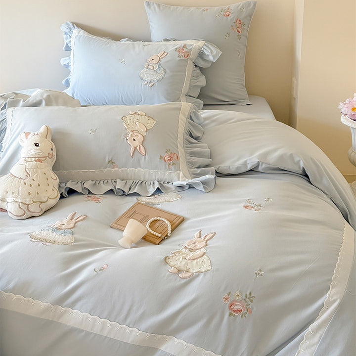 Ruffled Appliqué Embroidered Bunny Duvet Cover and Sham Set