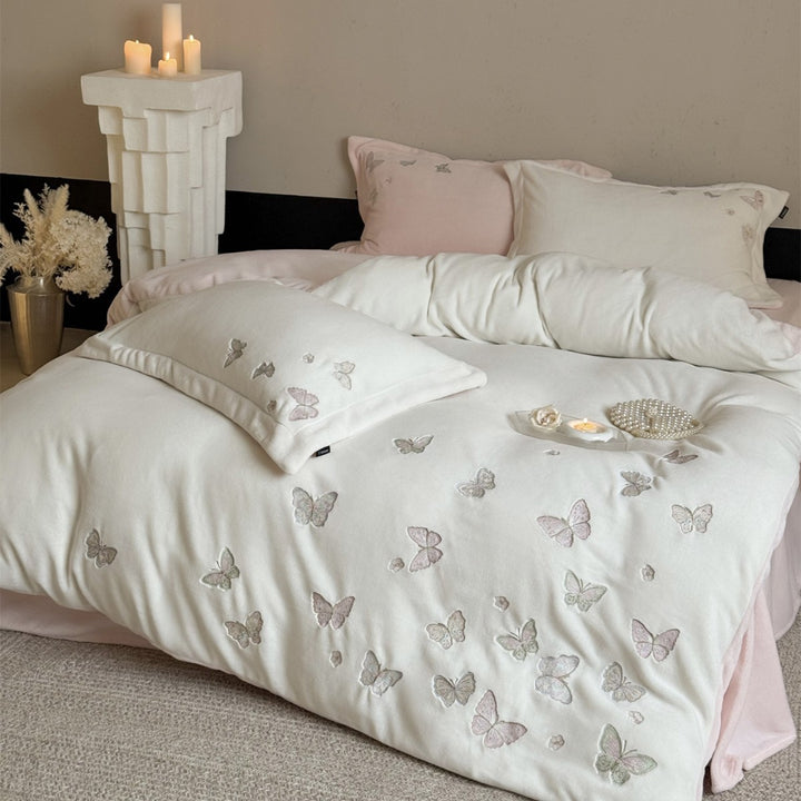 Embroidered Butterfly Plush Microfiber Duvet Cover Set