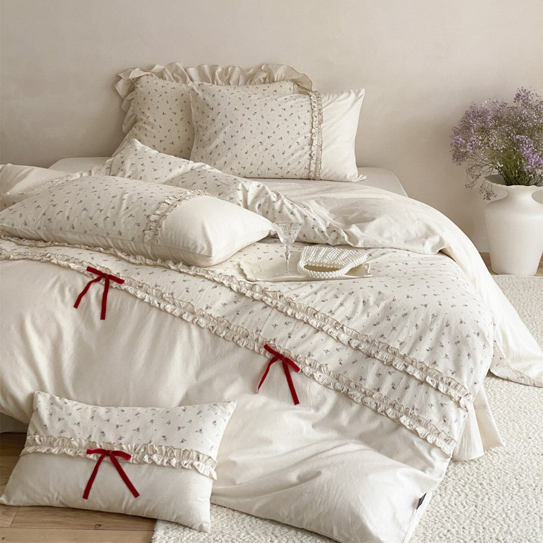 Ruffled Tiny Floral Cotton Duvet Cover Set with Red Ribbon Tie Accents