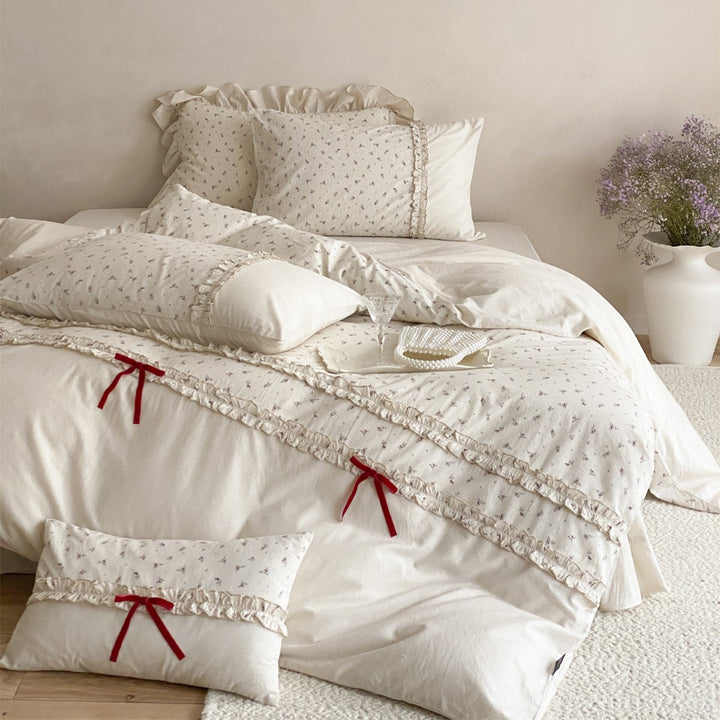Ruffled Tiny Floral Cotton Duvet Cover Set with Red Ribbon Tie Accents