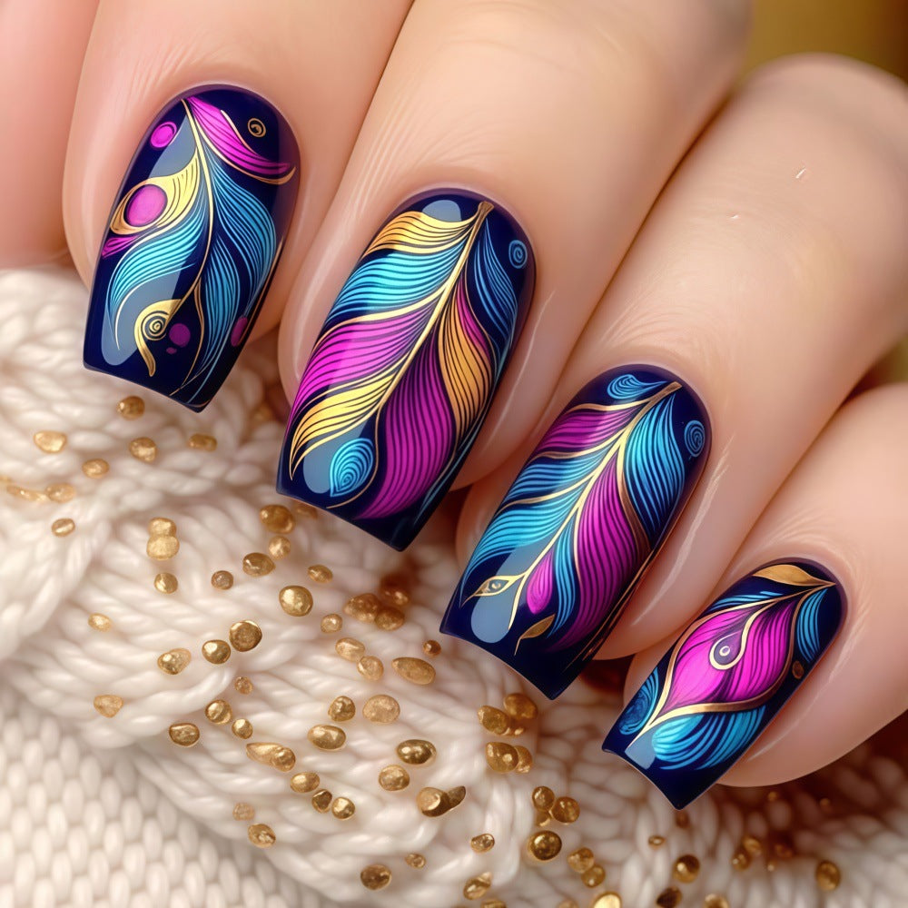 Artificial nails with colorful feather design Stornfield