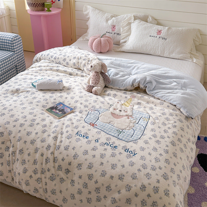 quilted cuddly blanket with 3D rabbit applique and floral microfiber cover