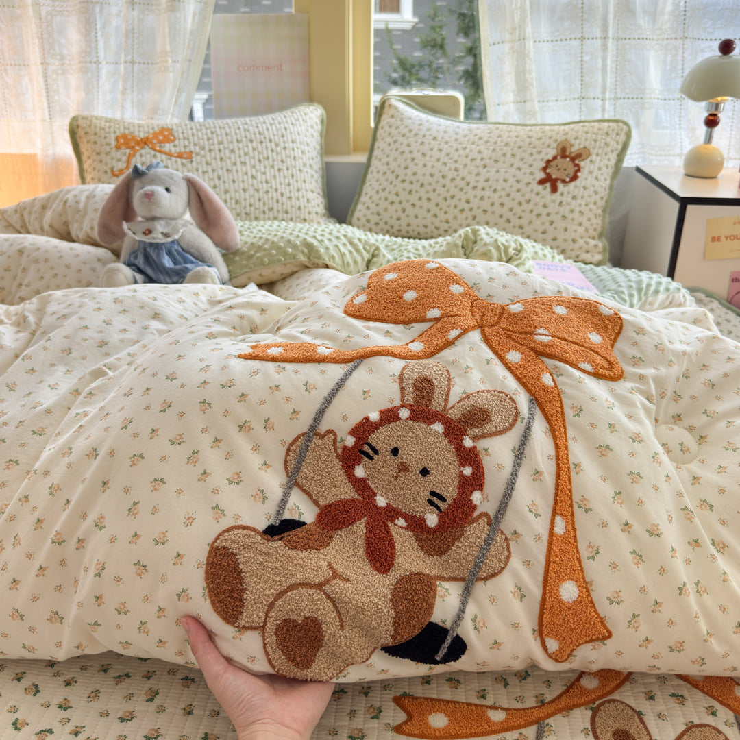 Plush Reversible Duvet Cover Set with Embroidered Rabbit Applique
