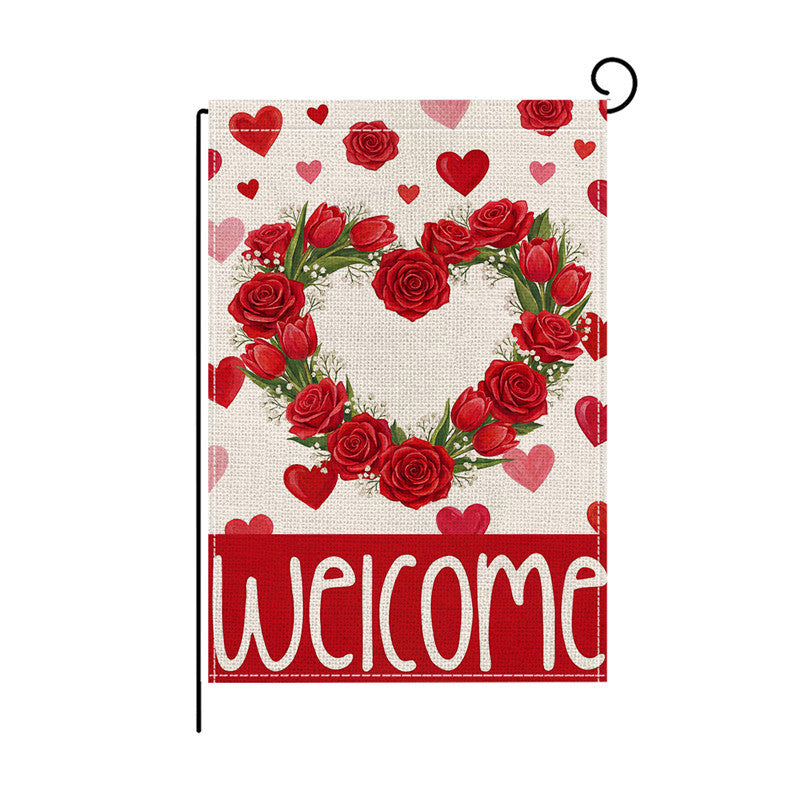 Double-Sided Burlap-Texture Rose Heart Wreath Welcome Garden Flag