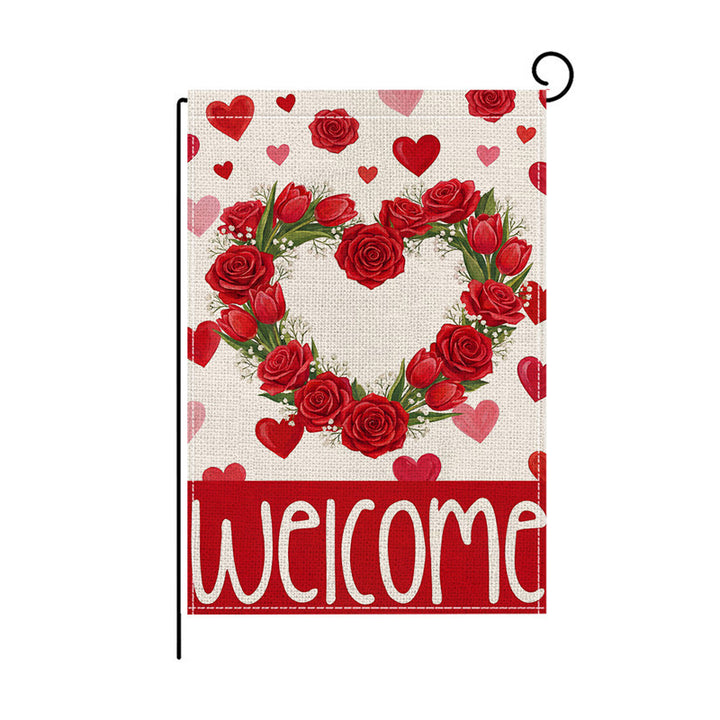 Double-Sided Burlap-Texture Rose Heart Wreath Welcome Garden Flag